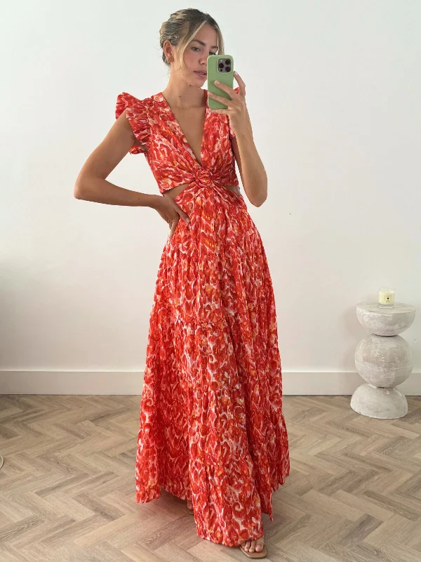 Indie Cut Out Frill Maxi Dress in Floral