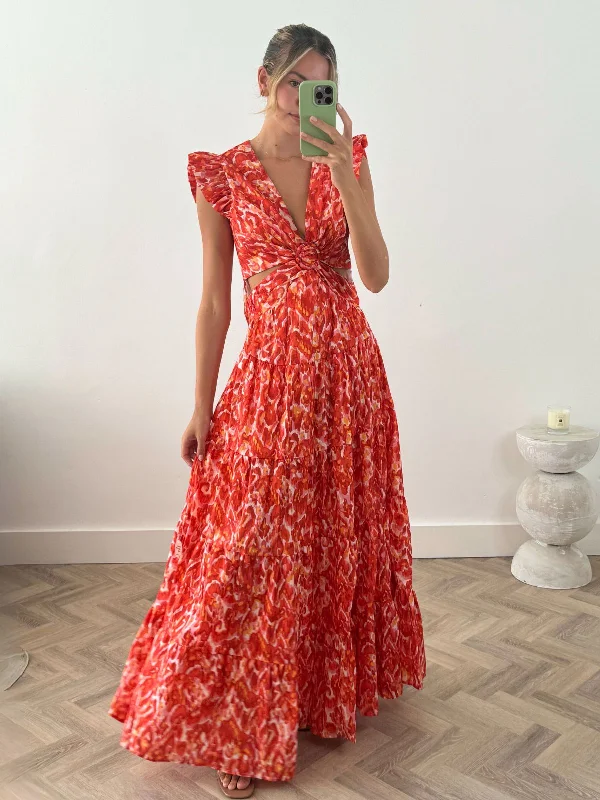 Indie Cut Out Frill Maxi Dress in Floral