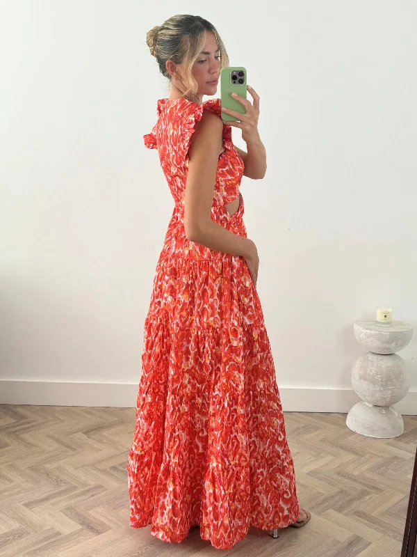 Indie Cut Out Frill Maxi Dress in Floral