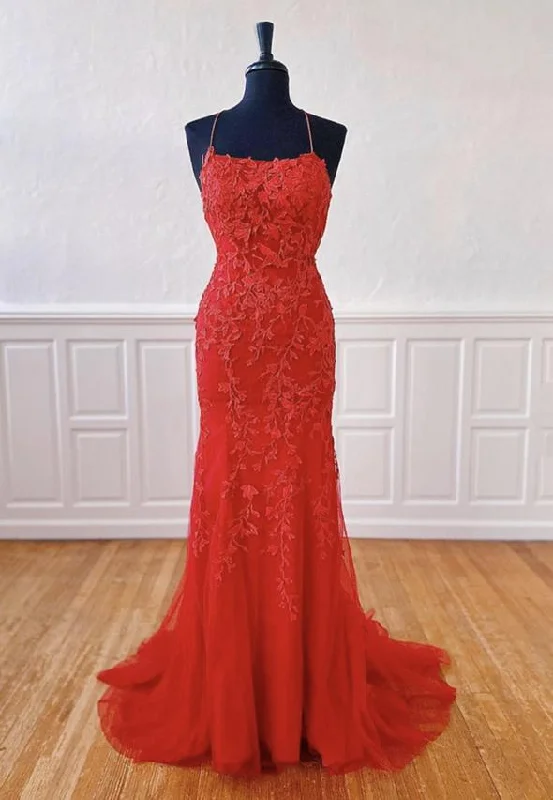 Red lace long prom dress mermaid evening dress  M778