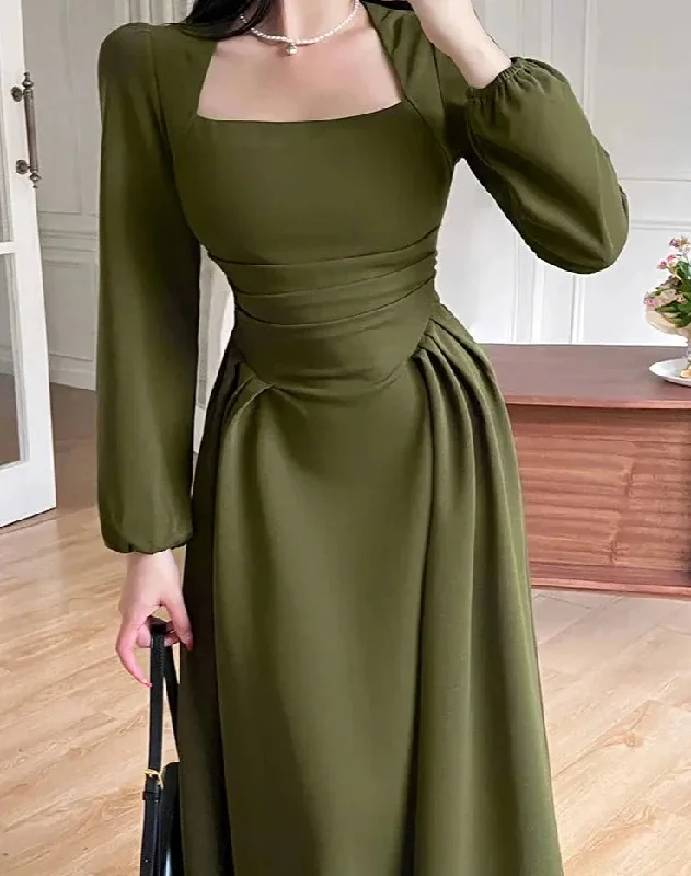 Folds Puff Sleeve Corset Bodycon Midi Dress