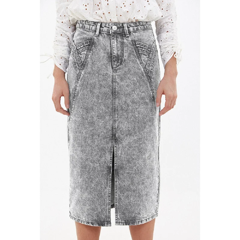 Grey Front Slit Denim Skirt